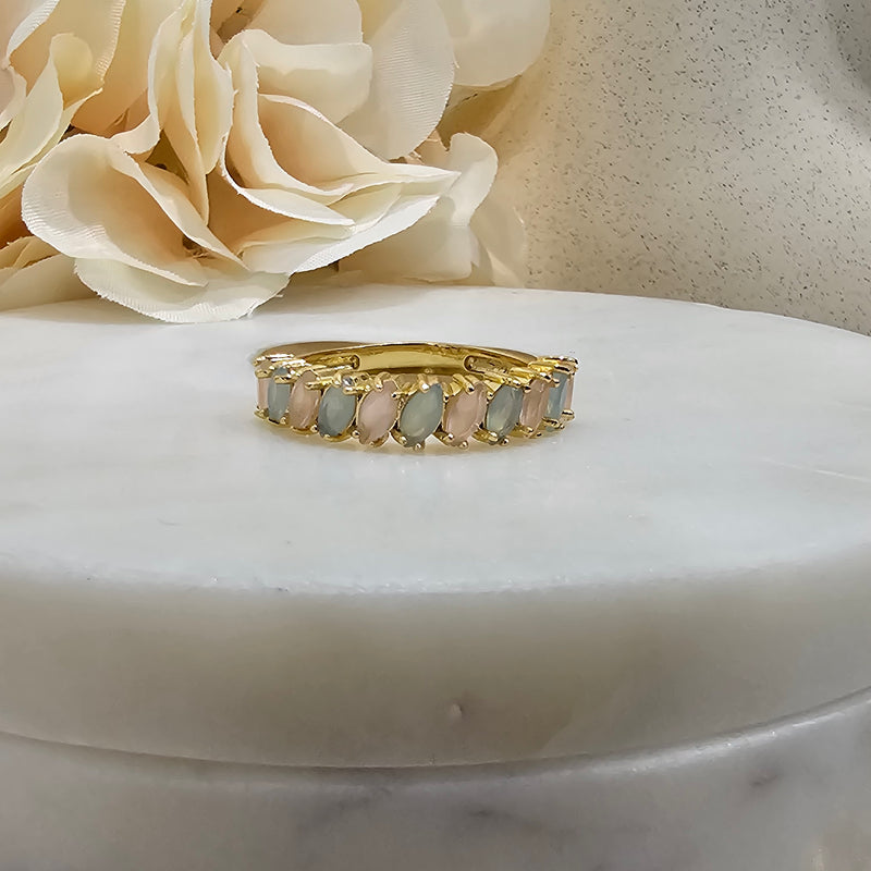 18K Gold Plated Blue Aquamarine and Rose Quartz Navettes Ring