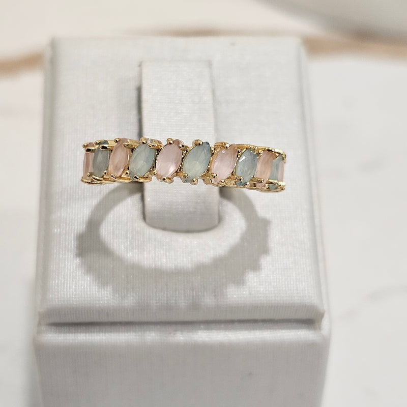 18K Gold Plated Blue Aquamarine and Rose Quartz Navettes Ring