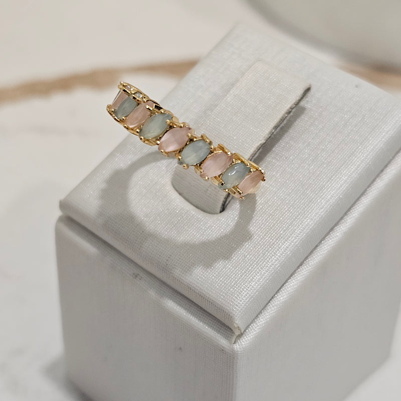 18K Gold Plated Blue Aquamarine and Rose Quartz Navettes Ring