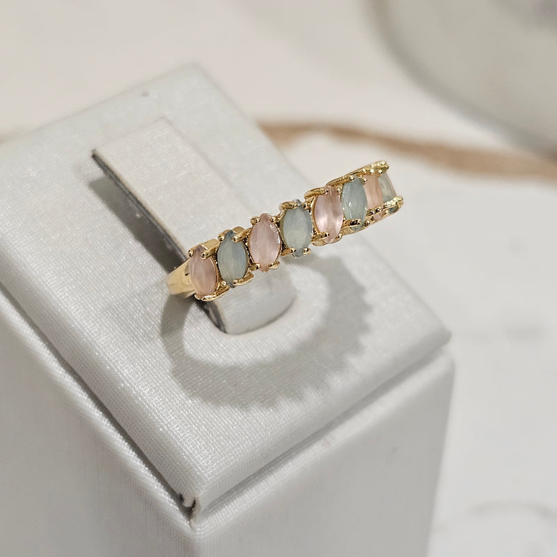 18K Gold Plated Blue Aquamarine and Rose Quartz Navettes Ring