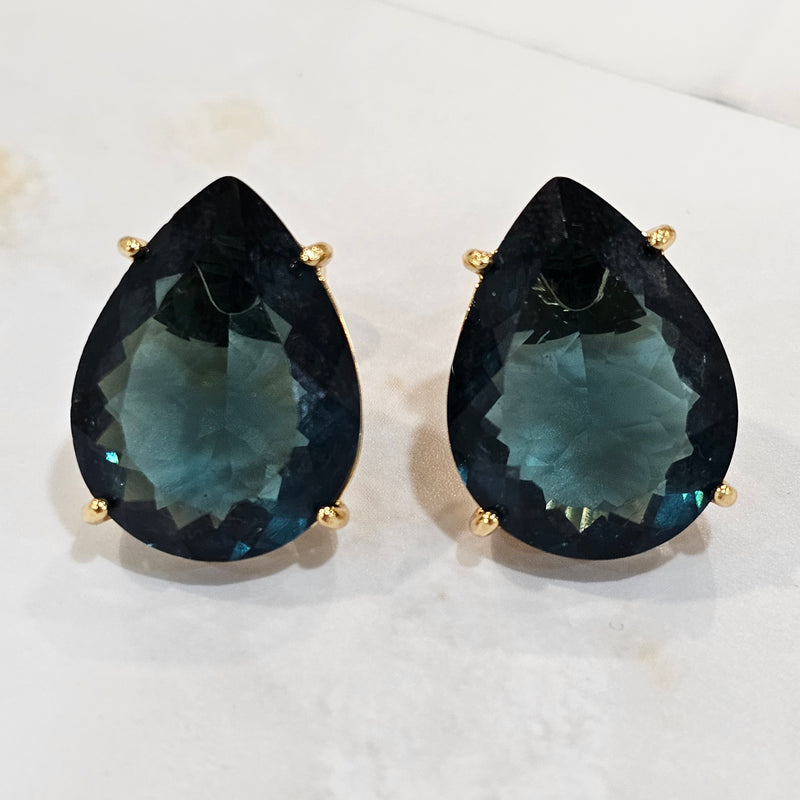 18K Gold Plated Teardrop Blue and Green Stones 15x20mm Earrings