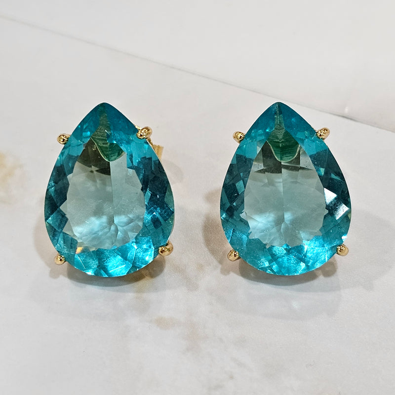 18K Gold Plated Teardrop Blue and Green Stones 15x20mm Earrings