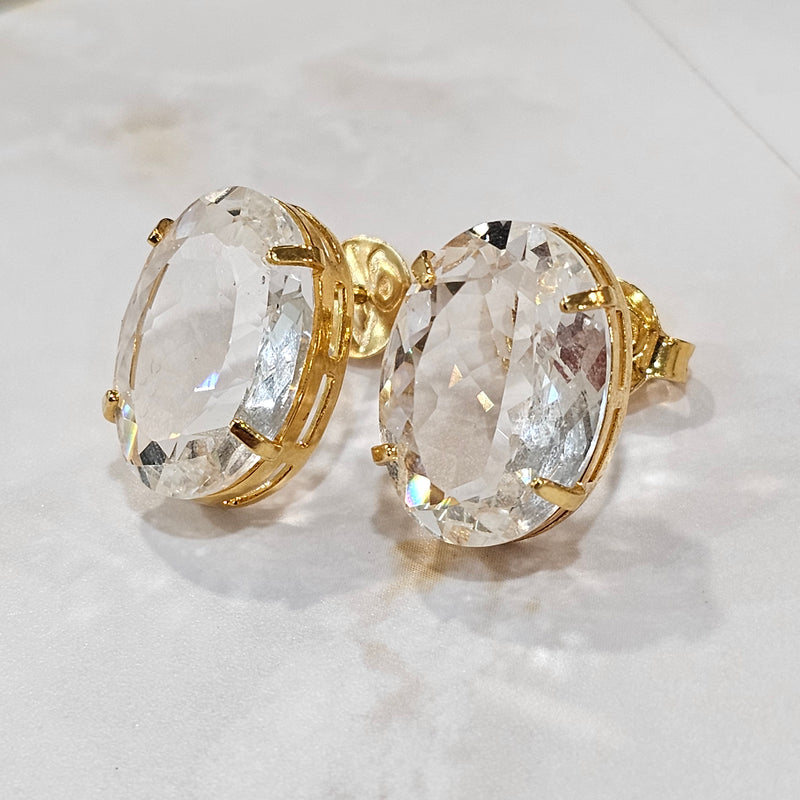 18K Gold Plated Stud Oval Stone Earrings