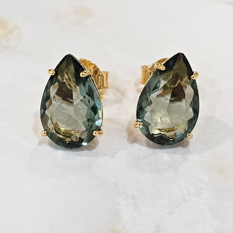 18K Gold Plated Teardrop Green Stone 10x15mm Earrings