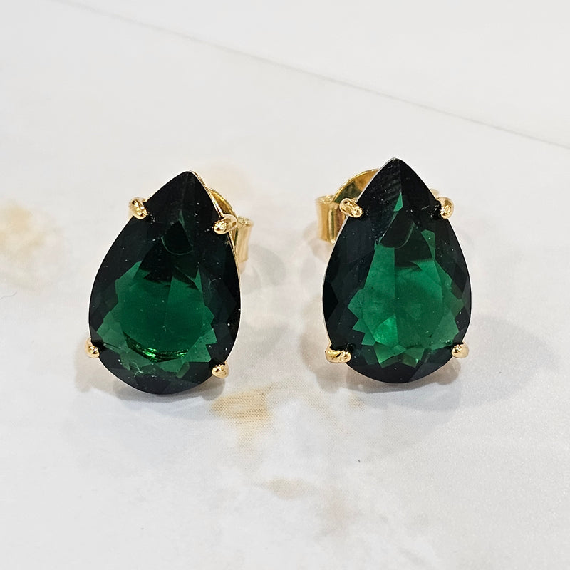 18K Gold Plated Teardrop Green Stone 10x15mm Earrings