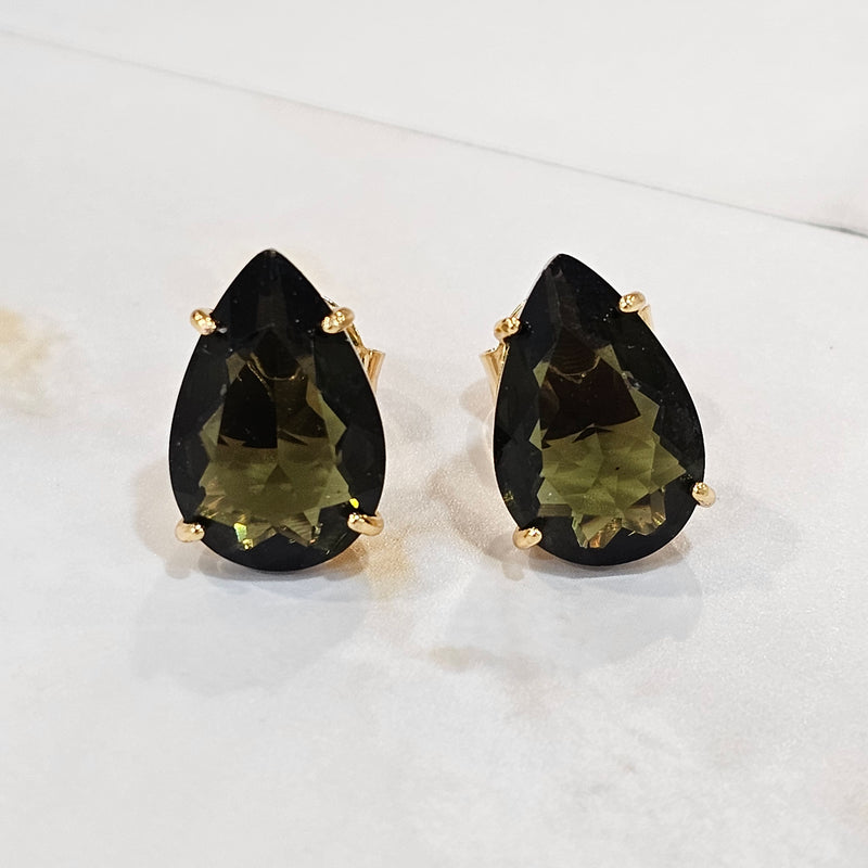 18K Gold Plated Teardrop Green Stone 10x15mm Earrings