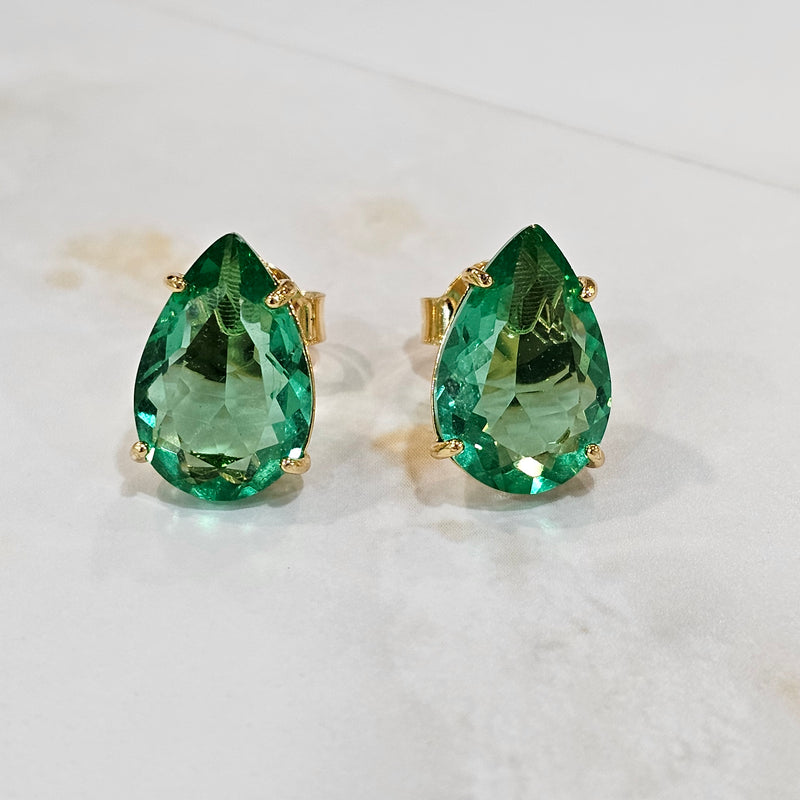 18K Gold Plated Teardrop Green Stone 10x15mm Earrings