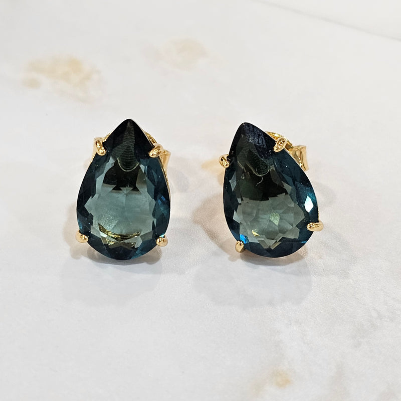 18K Gold Plated Teardrop Blue Stones 10x15mm Earrings