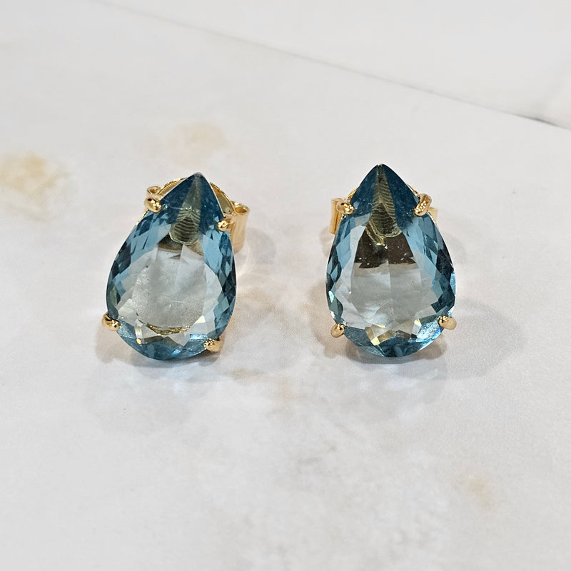 18K Gold Plated Teardrop Blue Stones 10x15mm Earrings