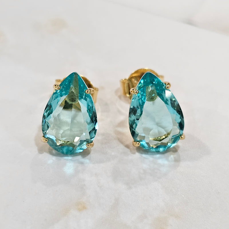 18K Gold Plated Teardrop Blue Stones 10x15mm Earrings