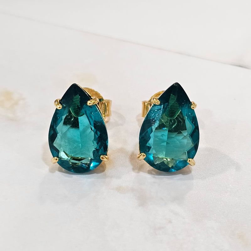 18K Gold Plated Teardrop Blue Stones 10x15mm Earrings