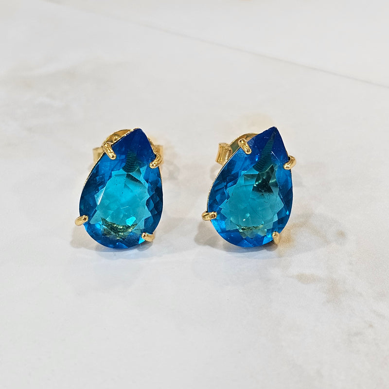 18K Gold Plated Teardrop Blue Stones 10x15mm Earrings