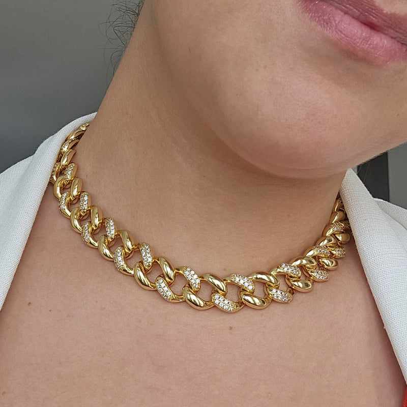 18K Gold Plated Studded Zirconia Cuban Link Necklace