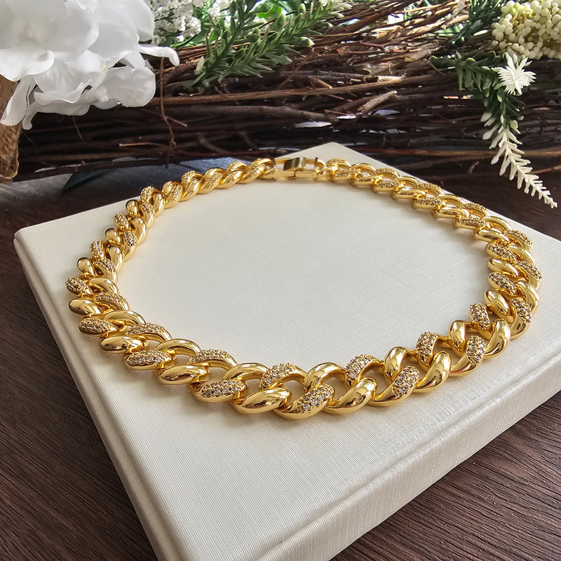 18K Gold Plated Studded Zirconia Cuban Link Necklace