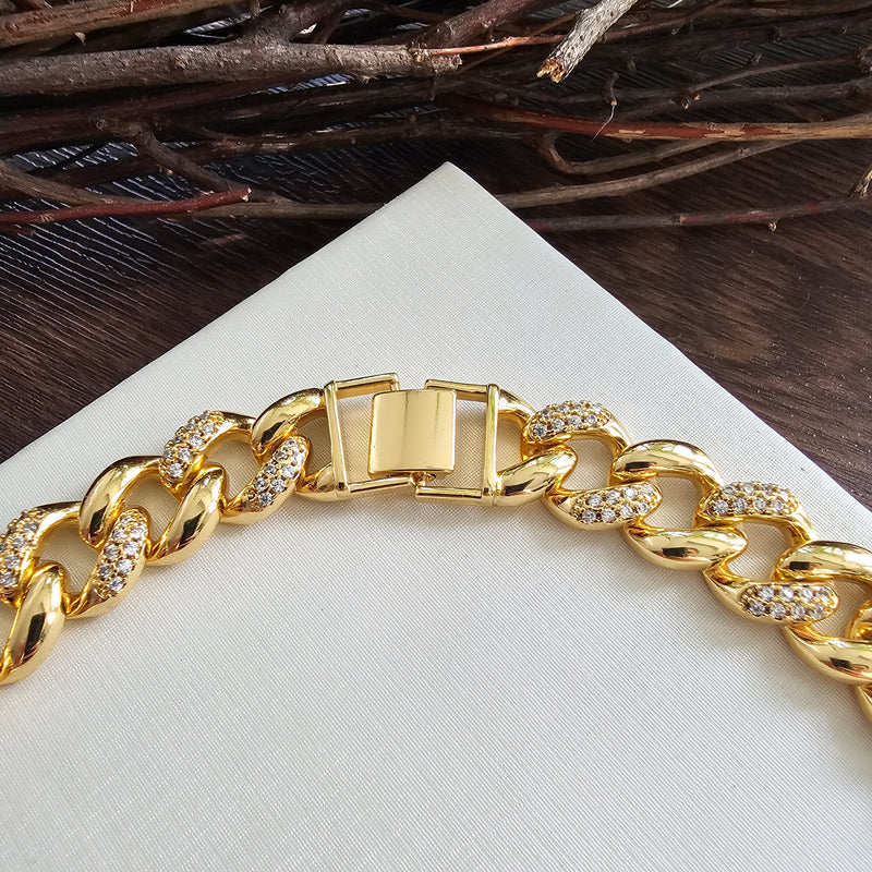 18K Gold Plated Studded Zirconia Cuban Link Necklace