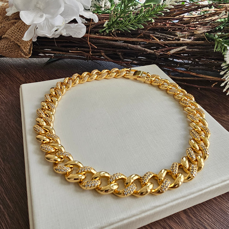 18K Gold Plated Studded Zirconia Cuban Link Necklace