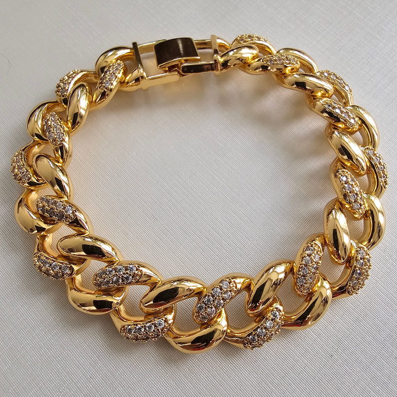 18K Gold Plated Plated Studded Zirconia Cuban Link Bracelet