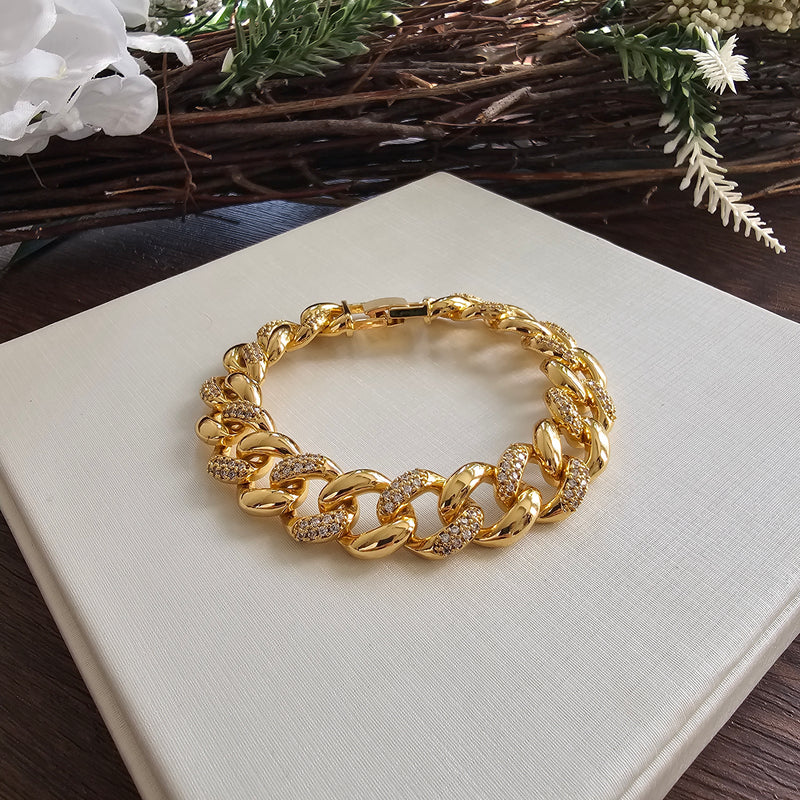 18K Gold Plated Plated Studded Zirconia Cuban Link Bracelet