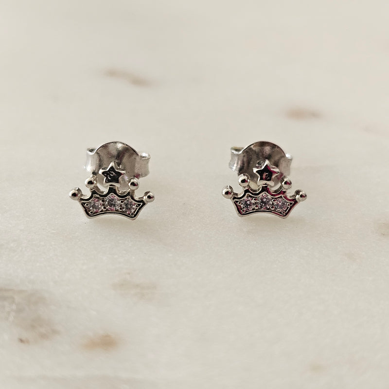 White Rhodium Plated Crown Studs Earrings