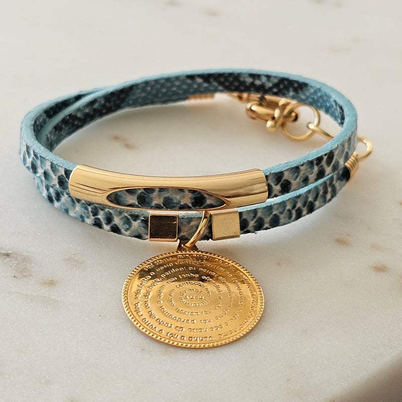 18K Gold Plated The Lord's Prayer Medal Blue Leather Bracelet