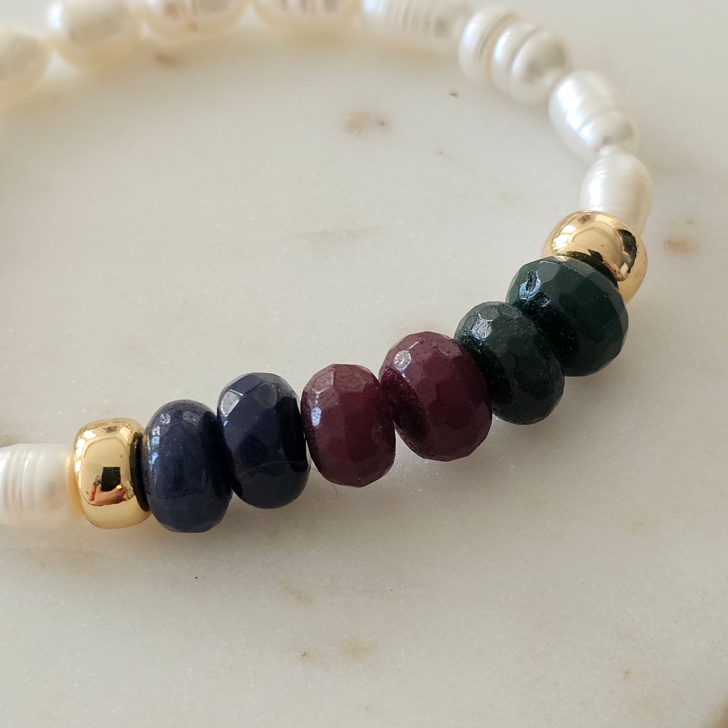 18K Gold Plated Green, Red and Blue Zoisite Baroque Pearls Bracelet