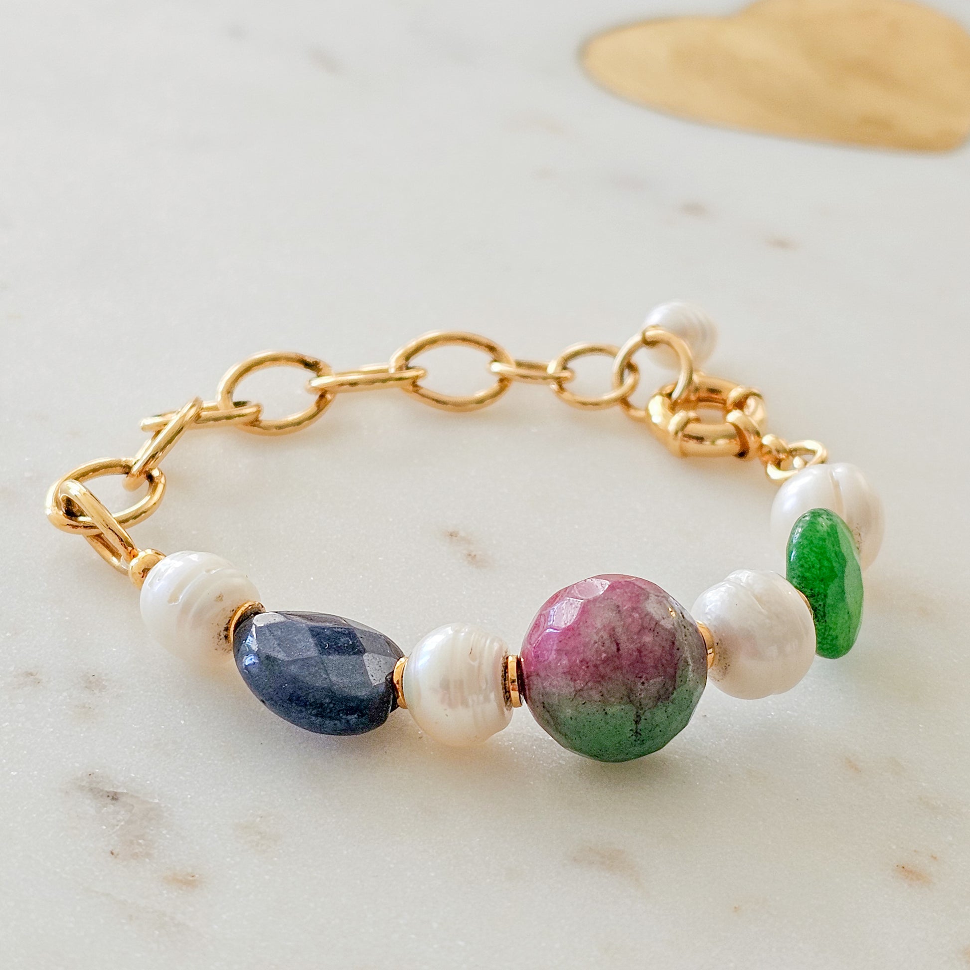 18K Gold Plated Bracelet with colorful zoisite baroque pearls.