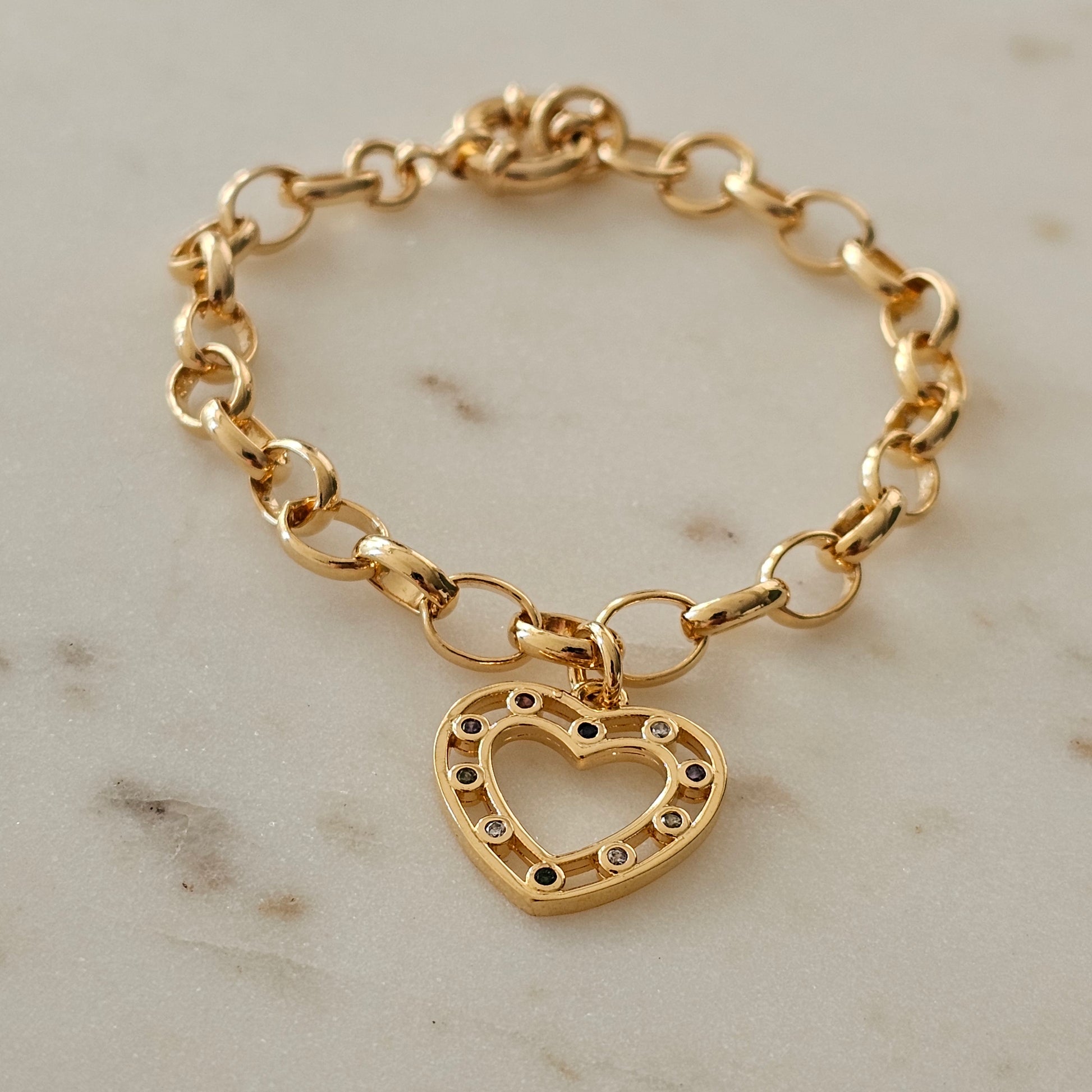 18K Gold Plated Bracelet with a heart pendant and colorful zirconia