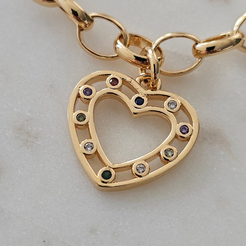 18K Gold Plated Rolo Chain Heart Pendant Colorful Zirconia Bracelet