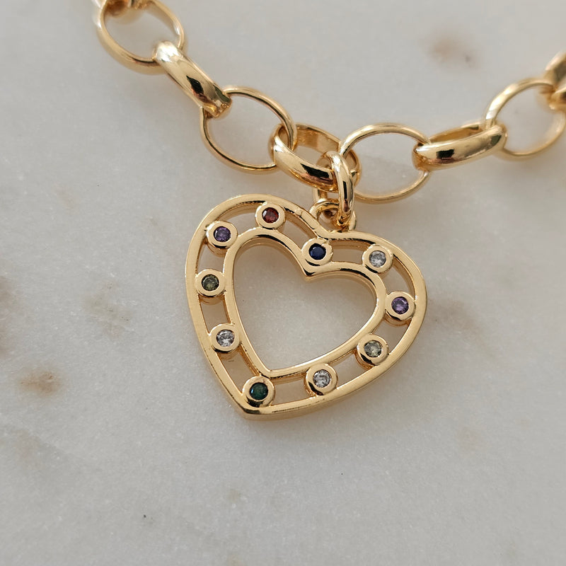 18K Gold Plated Rolo Chain Heart Pendant Colorful Zirconia Bracelet