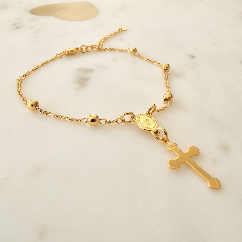 18K Gold Plated Delicate With Small Balls Cross Bracelet