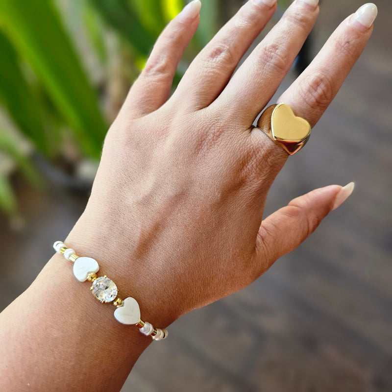 18K Gold Plated Adjustable Heart shape Mother Pearl Round Zirconia Bracelet