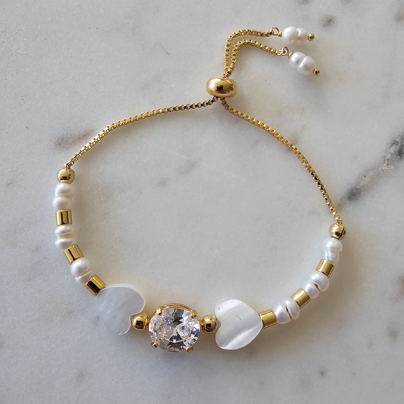 18K Gold Plated Adjustable Heart shape Mother Pearl Round Zirconia Bracelet