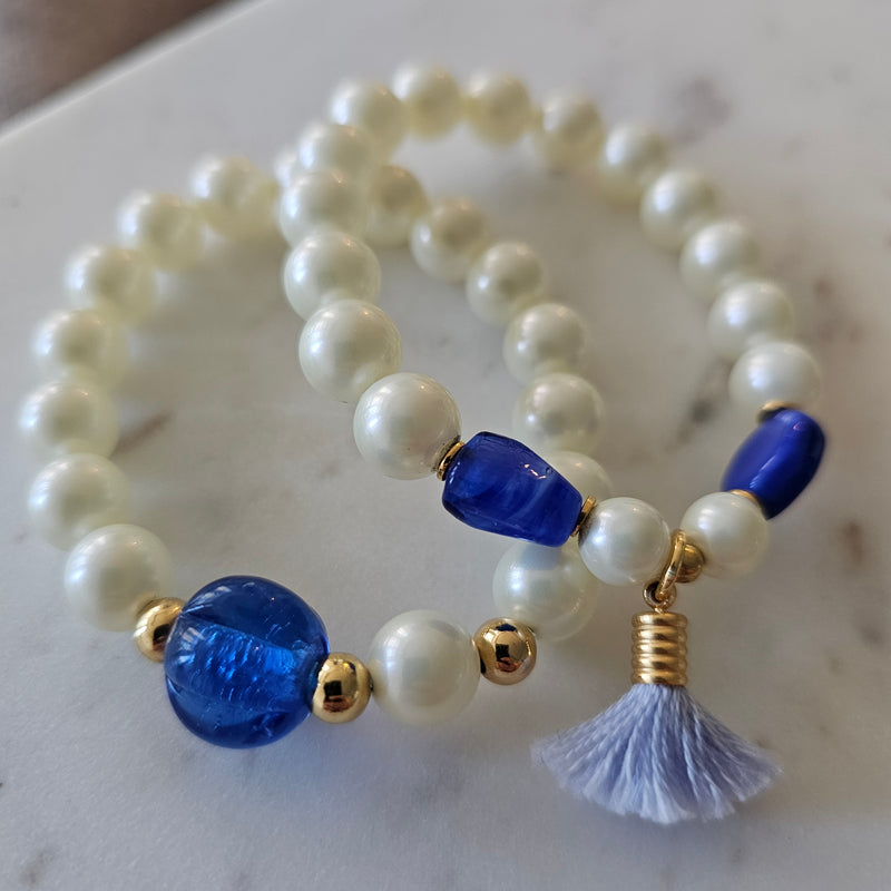 18K Gold Plated Double Pearl Blue Stones and Pompom Bracelet