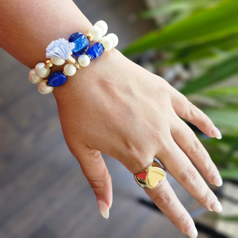 18K Gold Plated Double Pearl Blue Stones and Pompom Bracelet