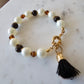 18K Gold Plated Bracelet with wood balls, pearls, and brown crystals.