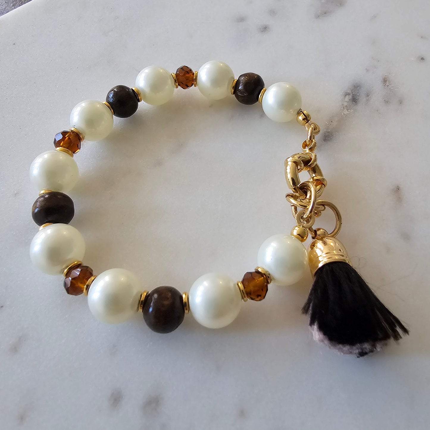 18K Gold Plated, Pearls, Wood Balls, Brown Crystals Bracelet