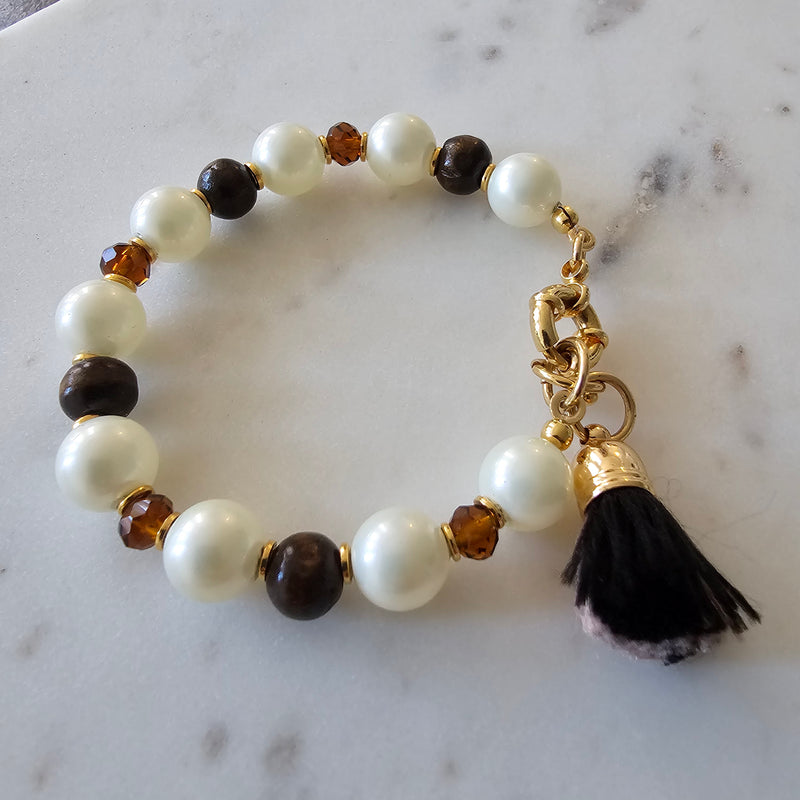 18K Gold Plated Pearl and Wood Bracelet