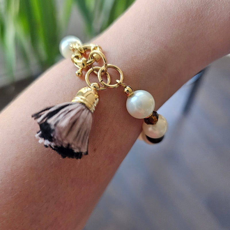 18K Gold Plated Pearl and Wood Bracelet