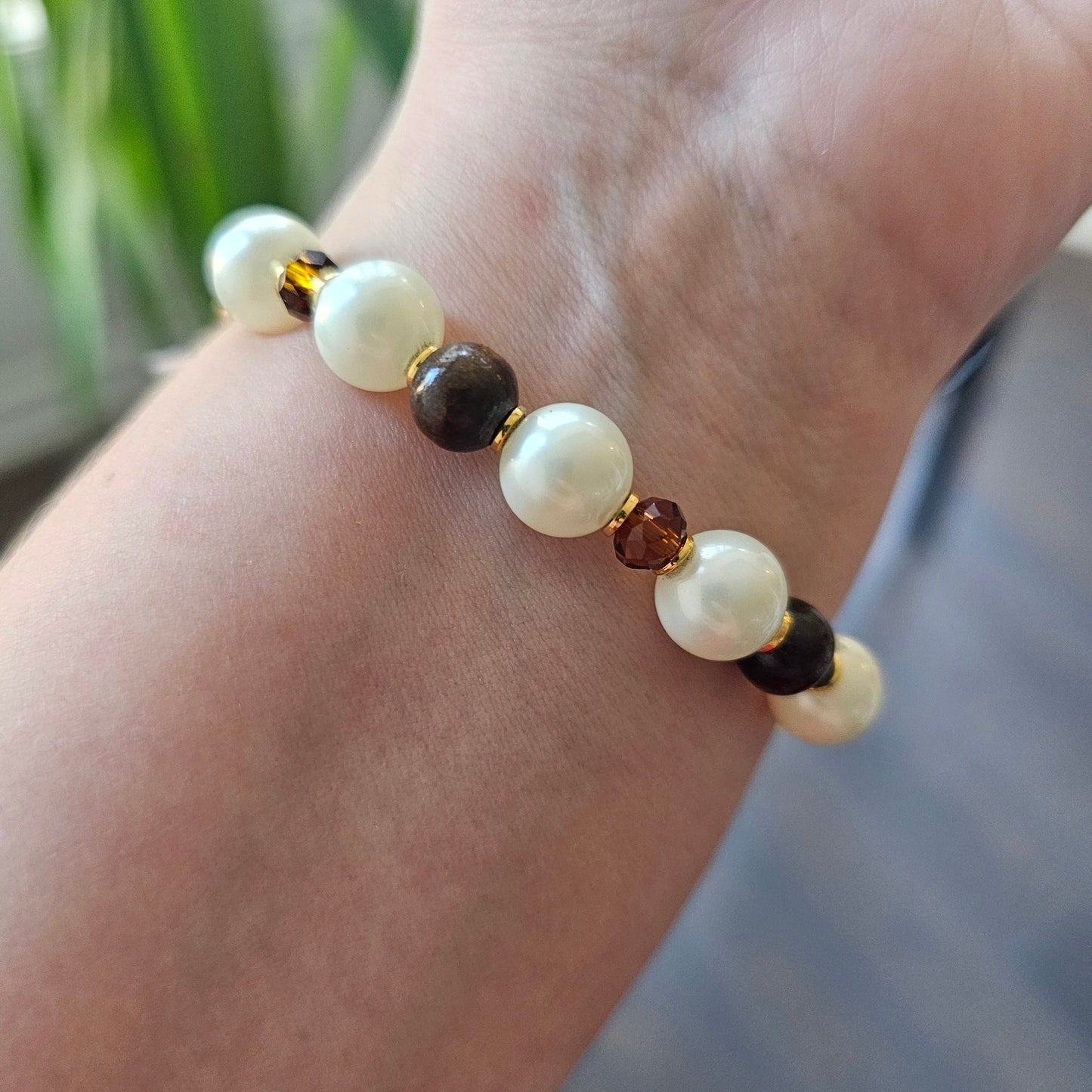 18K Gold Plated, Pearls, Wood Balls, Brown Crystals Bracelet