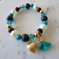 18K Gold Plated Balls Wood, Pearls And Blue Crystals Bracelet