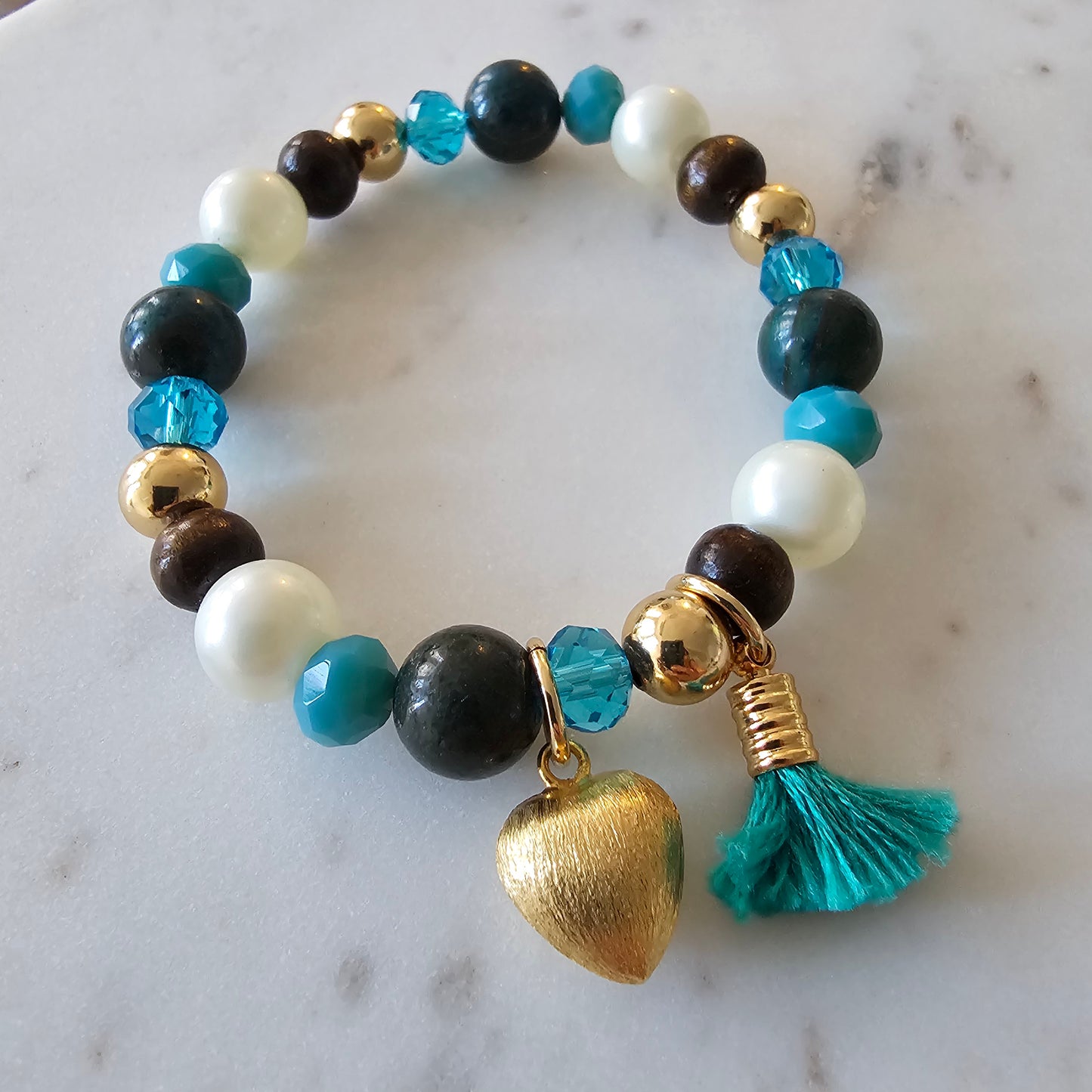 18K Gold Plated Balls Wood, Pearls And Blue Crystals Bracelet