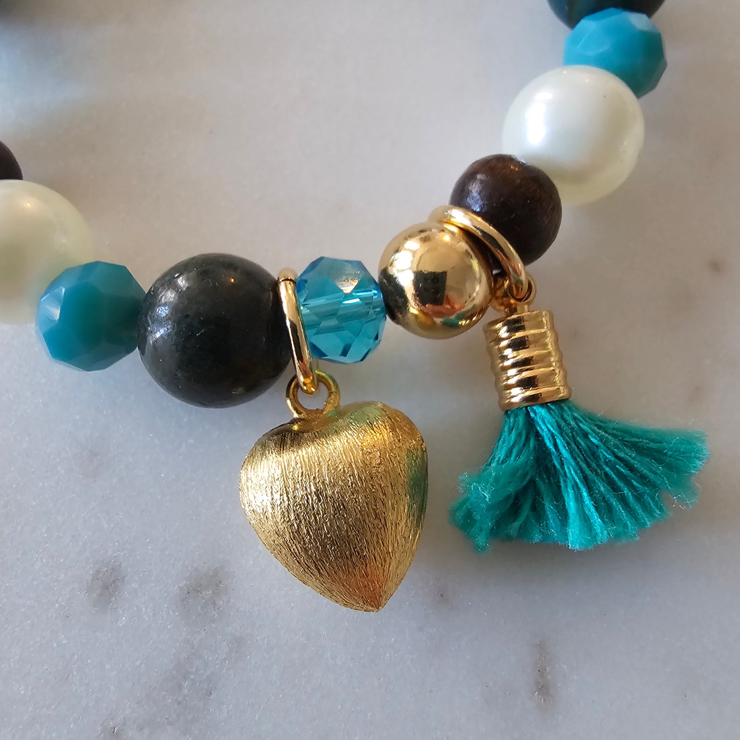 18K Gold Plated Balls Wood, Pearls And Blue Crystals Bracelet
