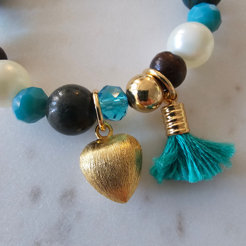 18K Gold Plated Balls Heart Wood And Blue Crystals Bracelet