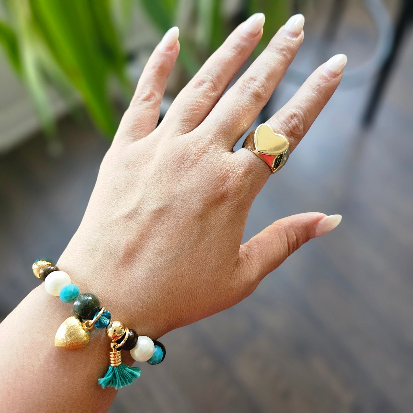 18K Gold Plated Balls Wood, Pearls And Blue Crystals Bracelet