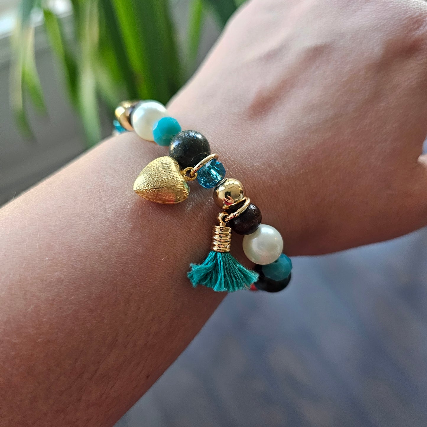 18K Gold Plated Balls Wood, Pearls And Blue Crystals Bracelet
