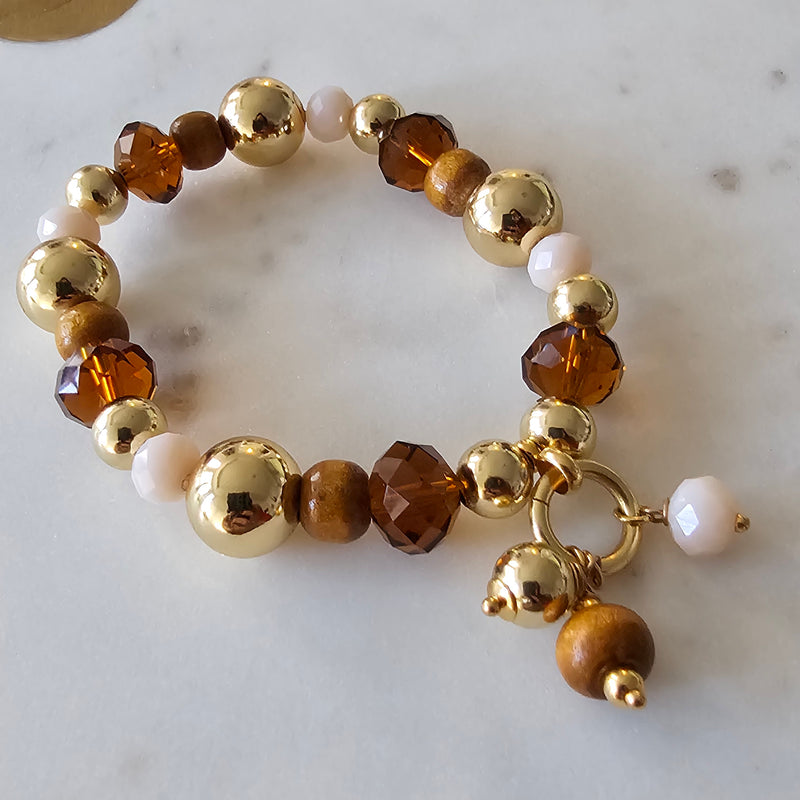 18K Gold Plated Balls Wood And Brown Crystals