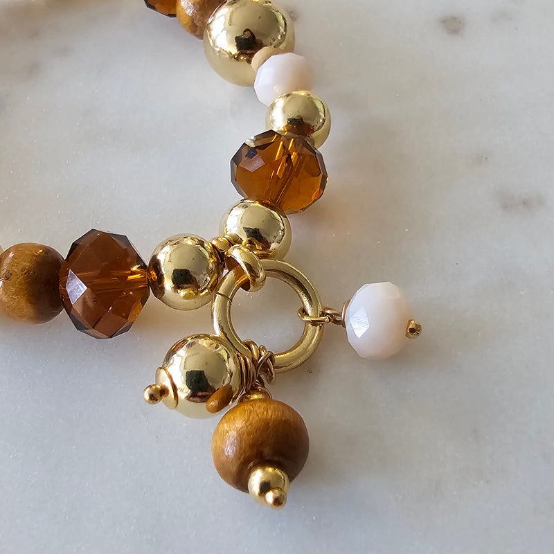 18K Gold Plated Balls Wood And Brown Crystals