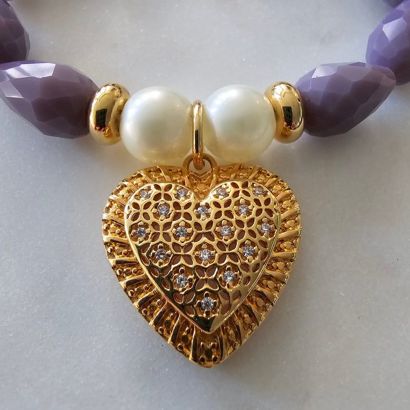 18K Gold Plated Studded Heart Lavender Pears Stone Bracelet