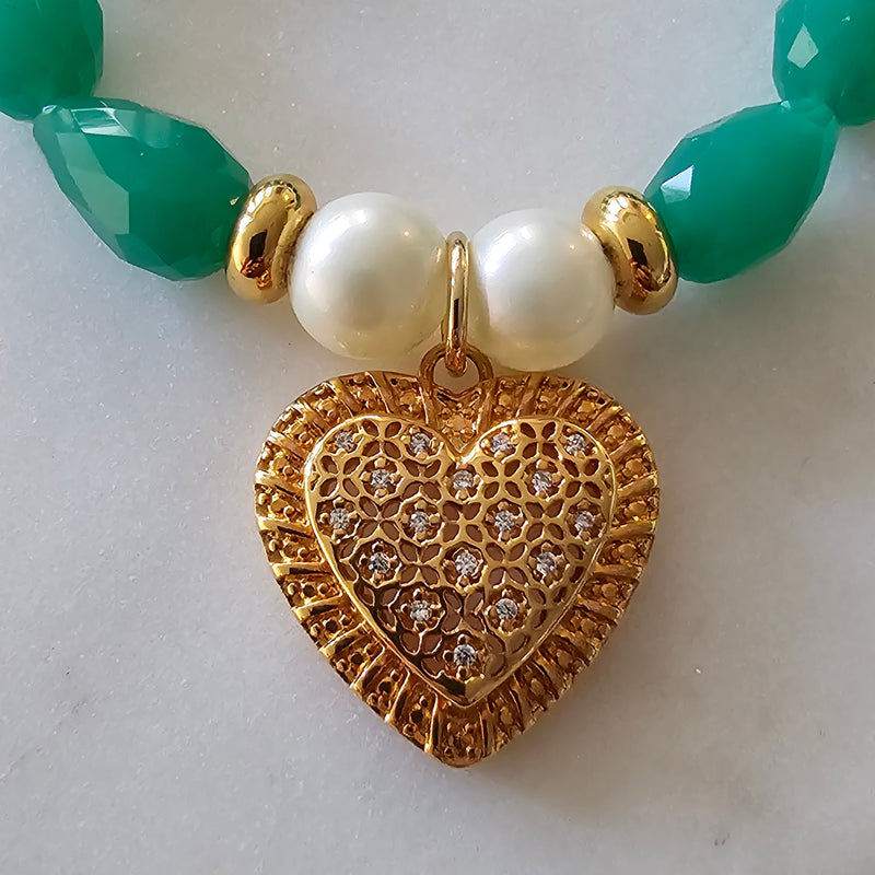 18K Gold Plated Studded Heart Green Pears Stone Bracelet