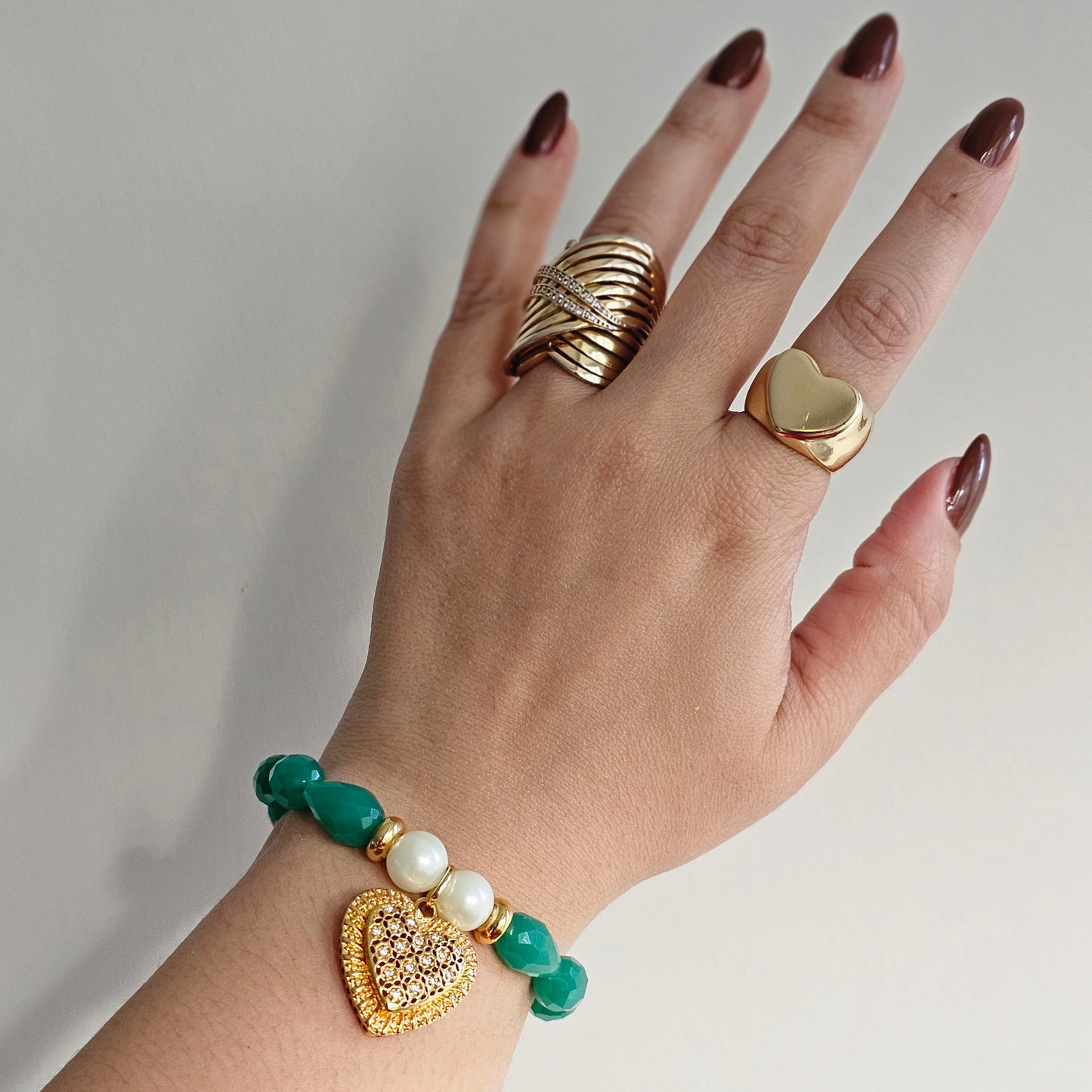 18K Gold Plated Studded Heart Green Pears Stone Bracelet